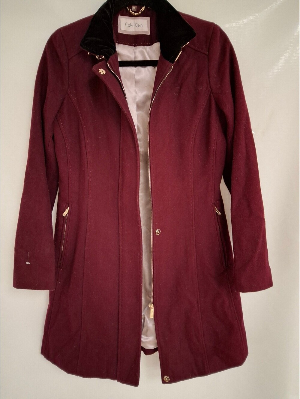 Calvin Klein Burgundy Wool Blend Women's Coat with Velvet Collar, Size XS